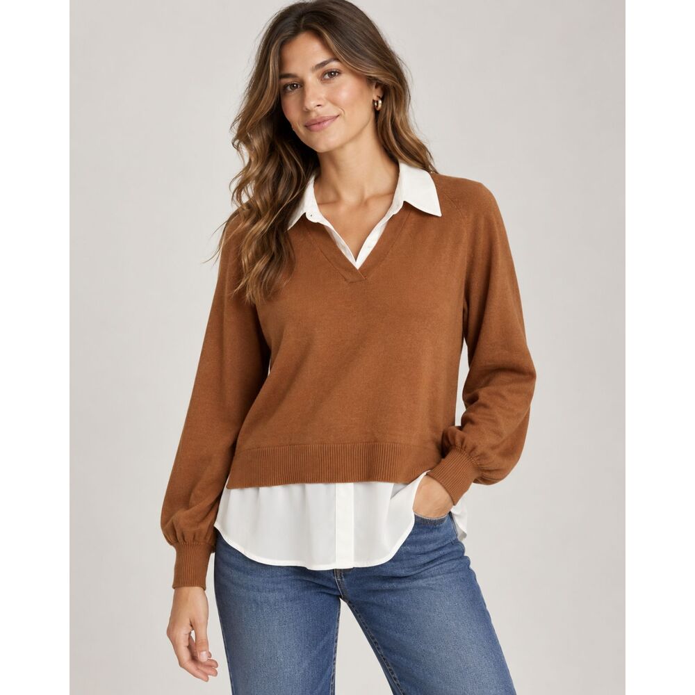 Adrianna Papell Women’s Layered V-Neck Sweater Blouse Top Size L Brown Ivory